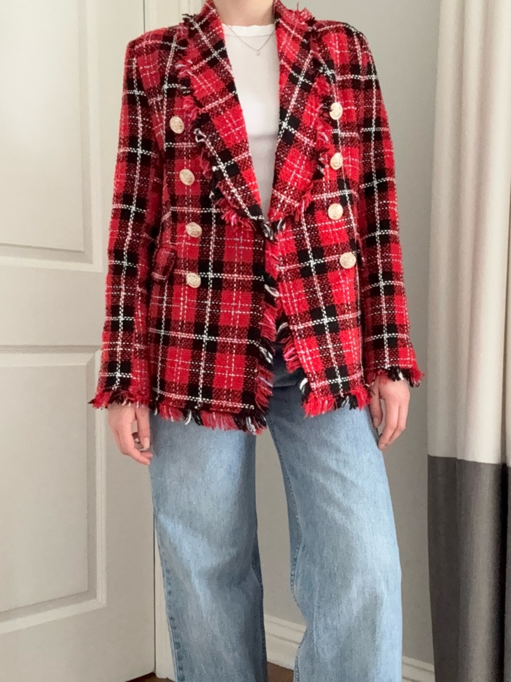 Aqua Red Plaid Frayed Tweed Double-Breasted Blazer